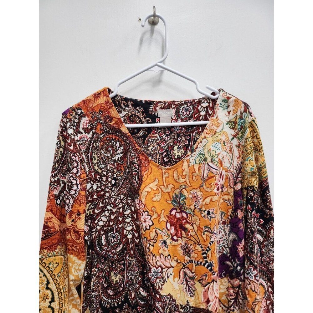 Chicos Womens Floral 3/4 Sleeve Top Size Large Orange Yellow Hi Low V-Neck - Picture 2 of 6
